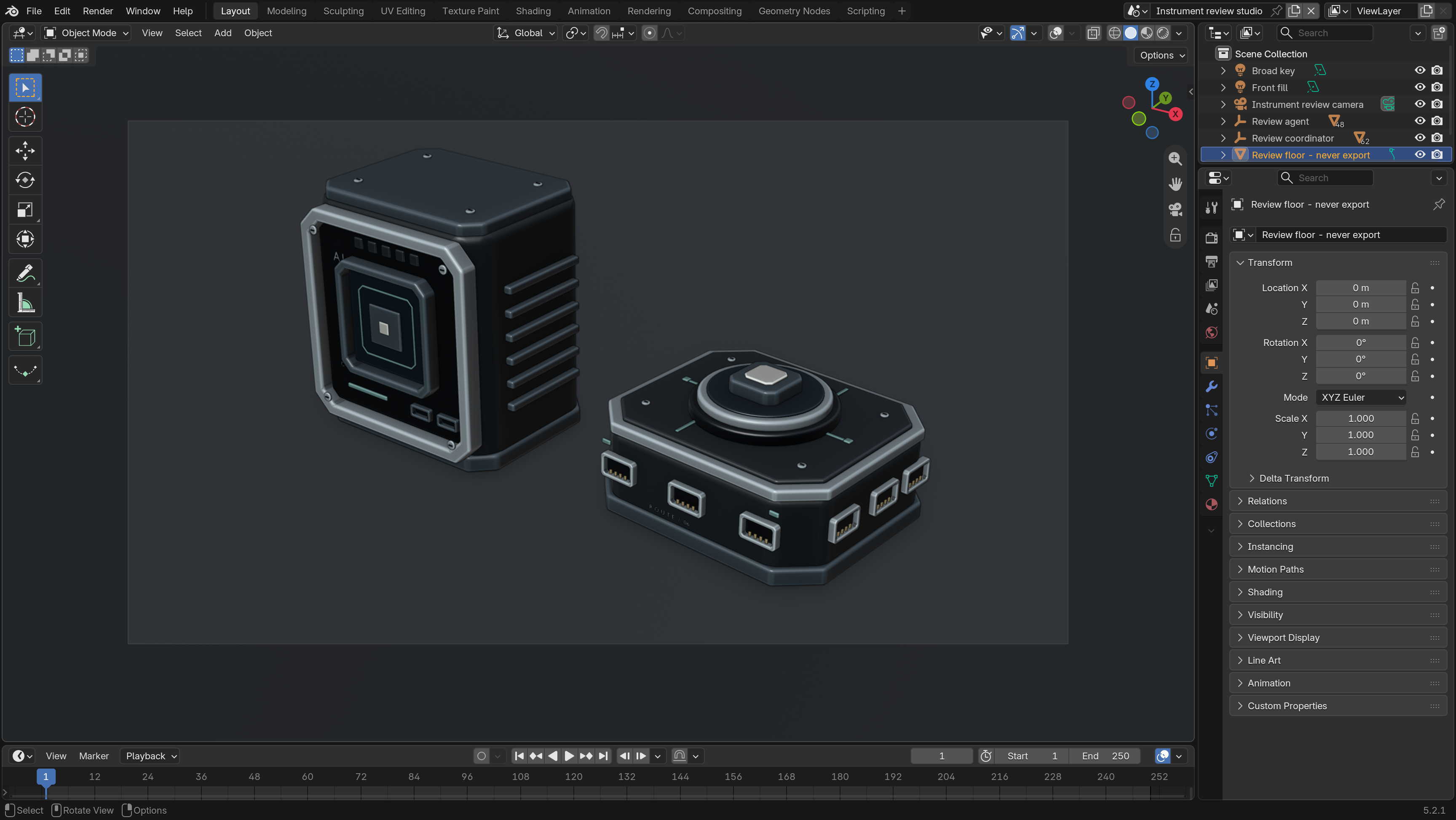 Blender editor showing a graphite compute module and routing hub in solid material-color view.