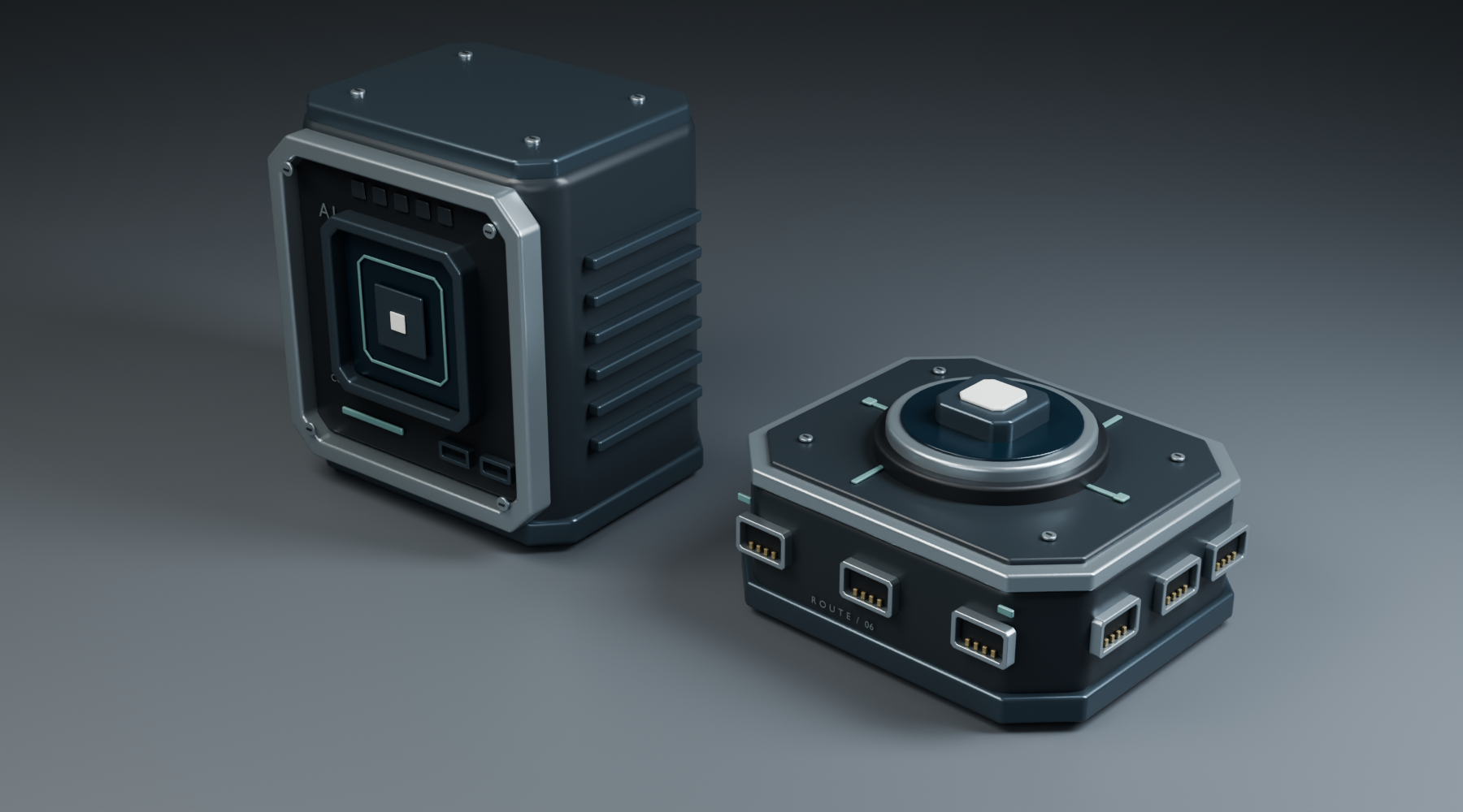 Rendered close-up of a graphite compute module and routing hub with inset ports and metallic trim.